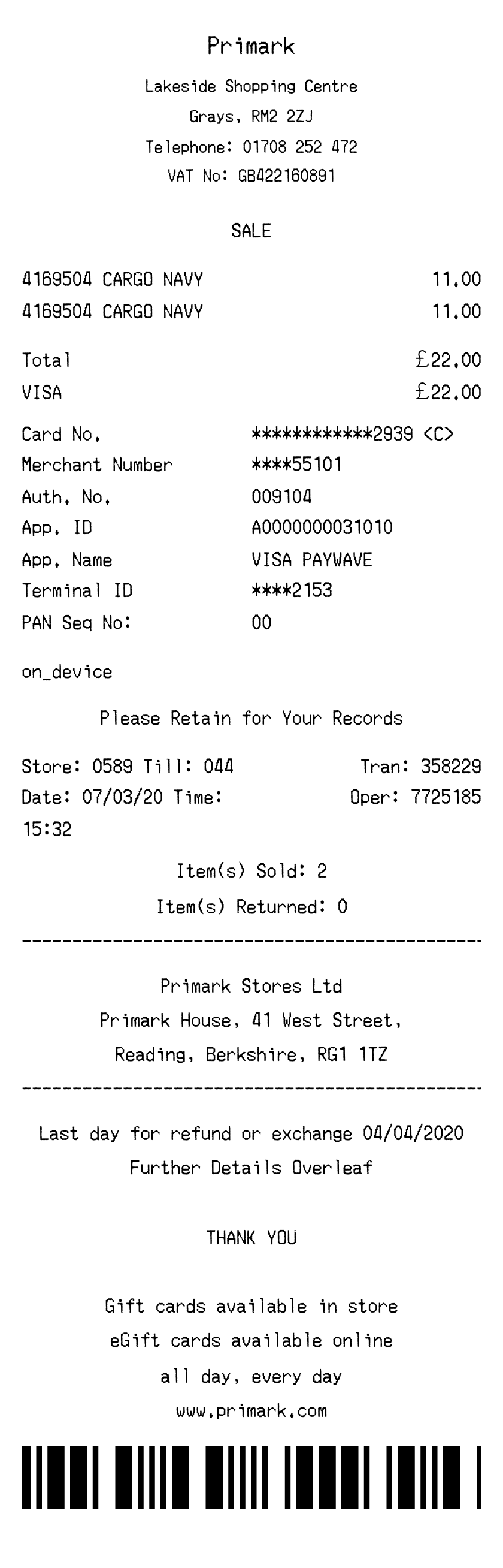 Editable Primark Receipt template preview, free receipt generator