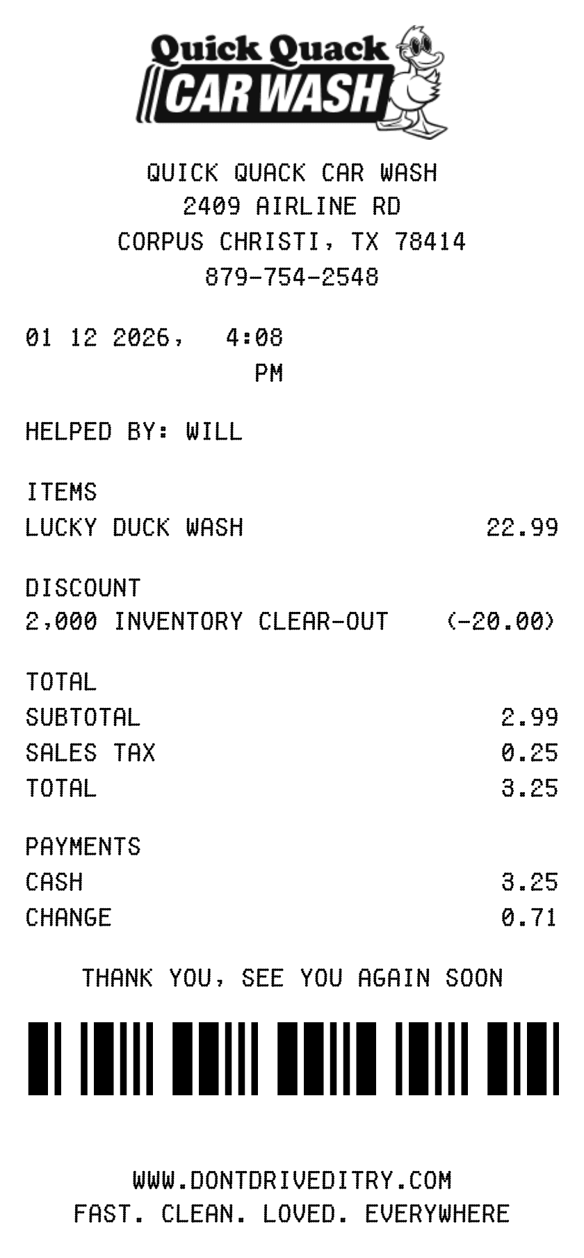 Editable Quick Quack Car Wash Receipt template preview, free receipt generator