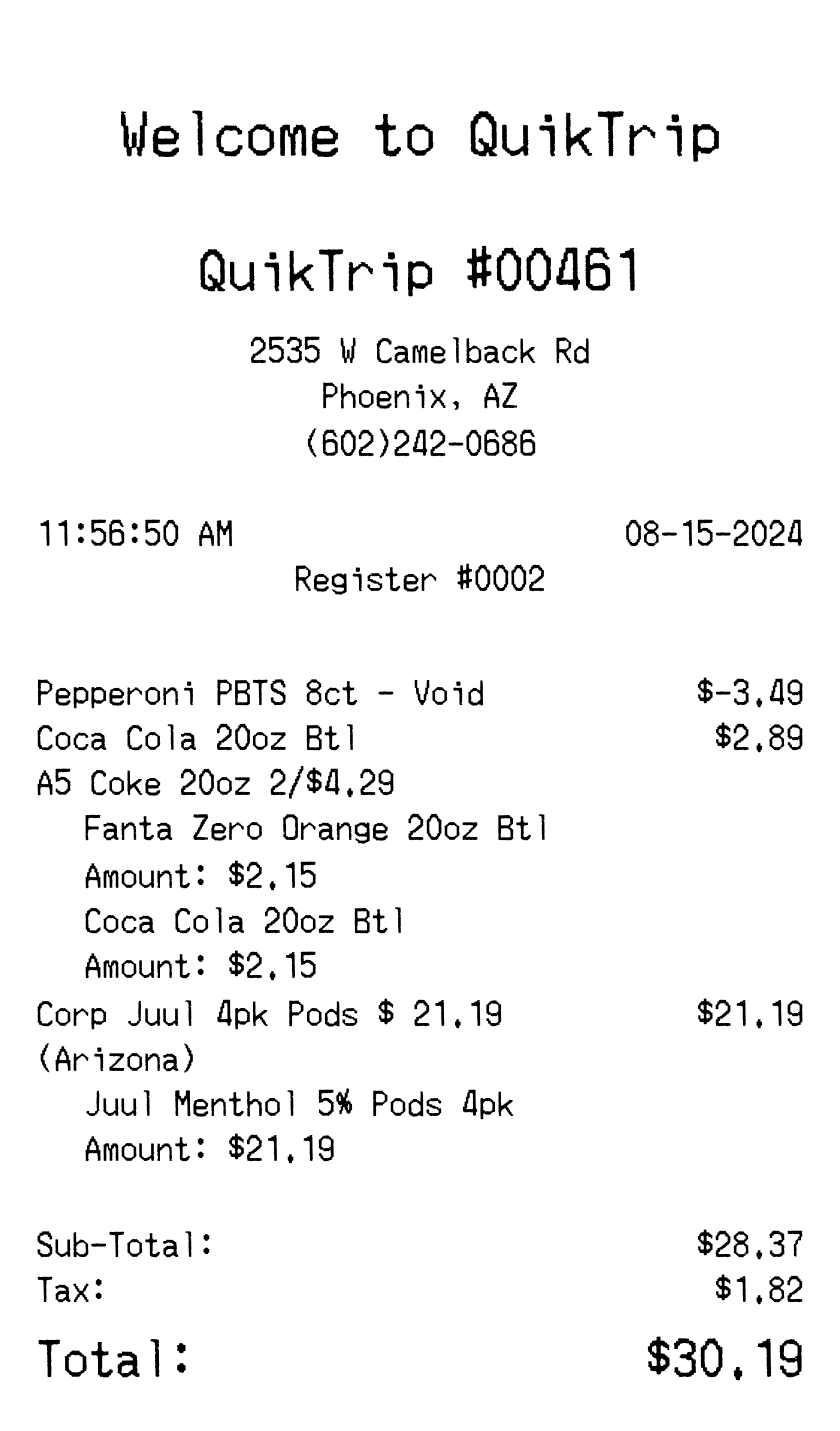 Editable QuikTrip Receipt template preview, free receipt generator