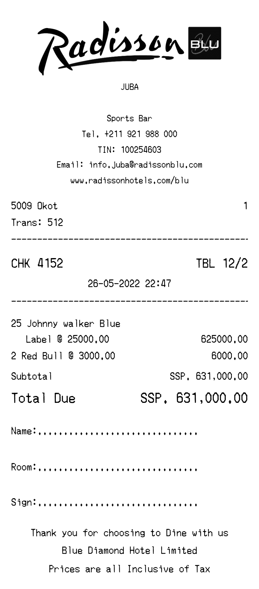 Editable Radisson Hotel Receipt template preview, free receipt generator