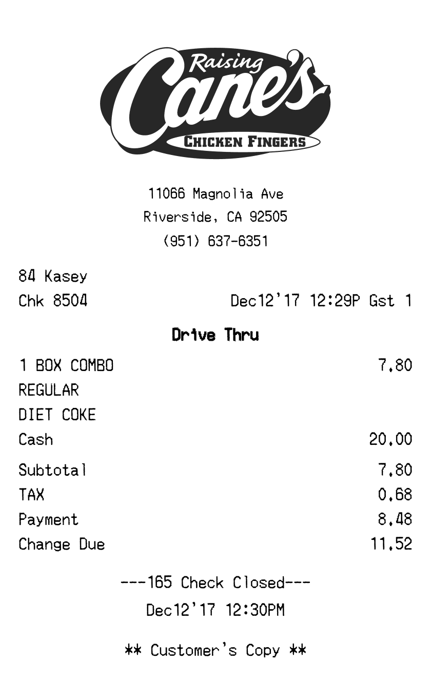 Editable Raising Cane's Receipt template preview, free receipt generator