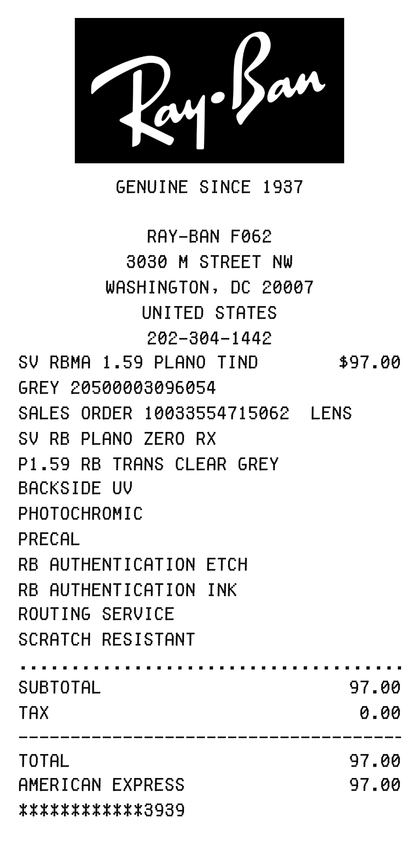 Editable Ray-Ban Receipt template preview, free receipt generator