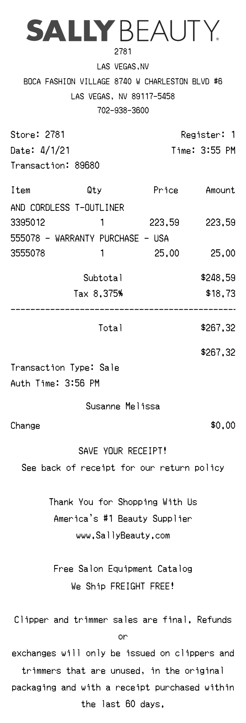 Editable Sally Beauty Receipt template preview, free receipt generator
