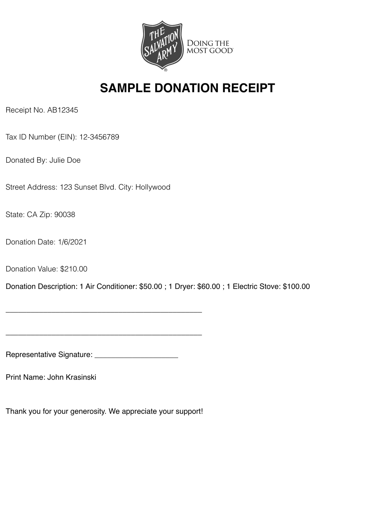 Editable Salvation Army Receipt template preview, free receipt generator