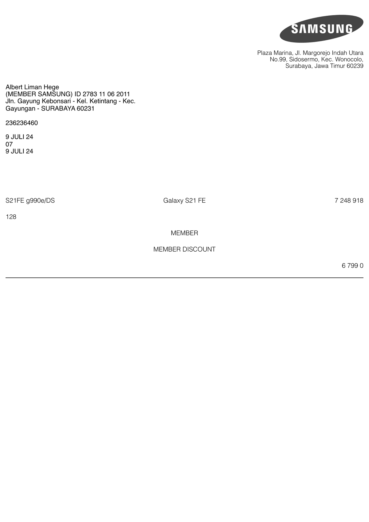 Editable Samsung Receipt template preview, free receipt generator