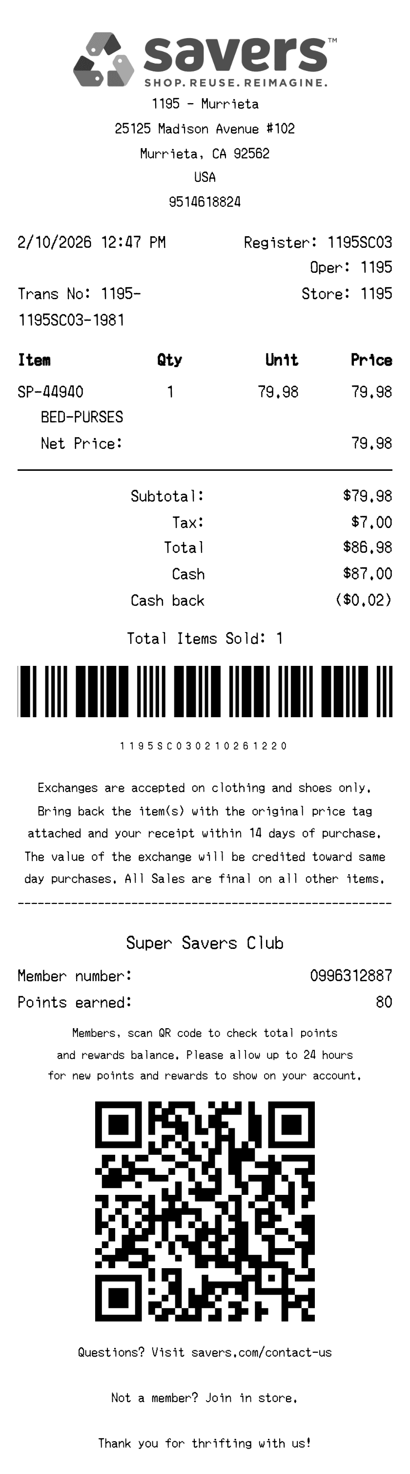 Editable Savers Receipt template preview, free receipt generator