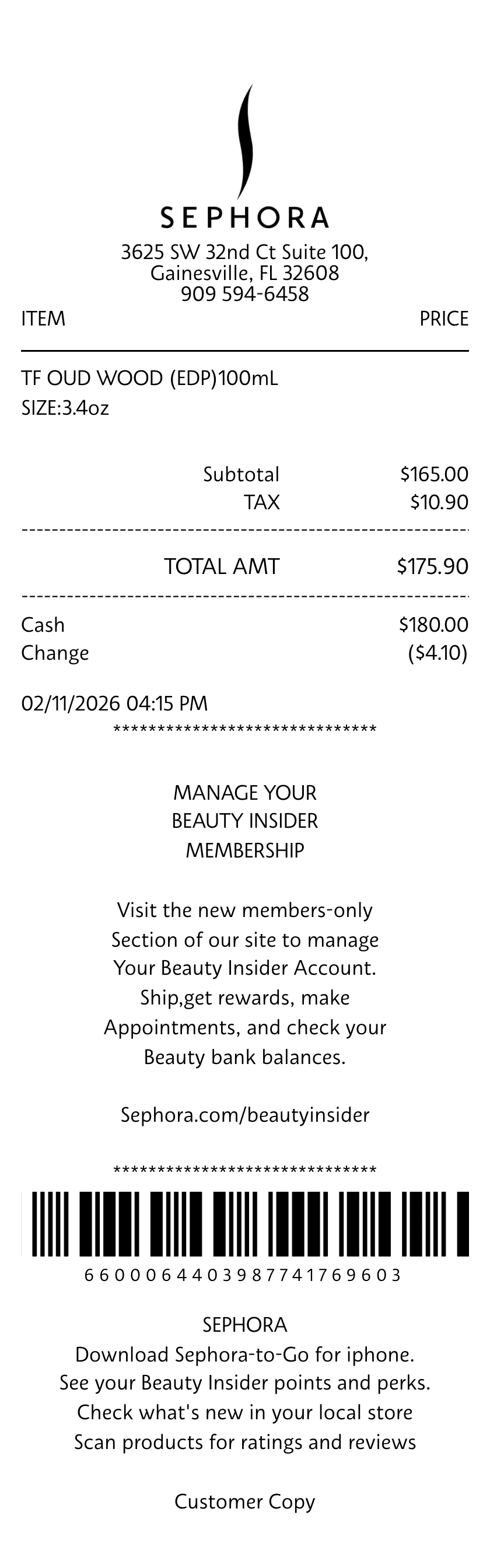 Editable Sephora Receipt template preview, free receipt generator