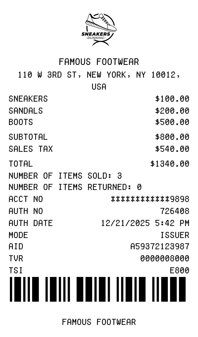 Editable Shoe Store Receipt template preview, free receipt generator