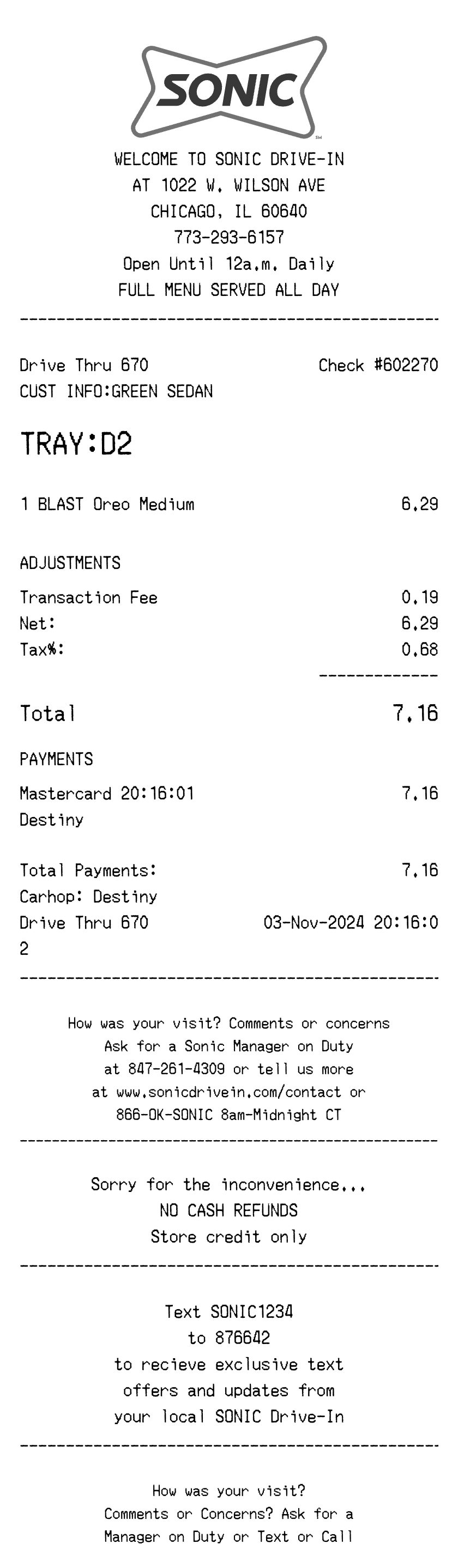 Editable Sonic Drive-In Receipt template preview, free receipt generator