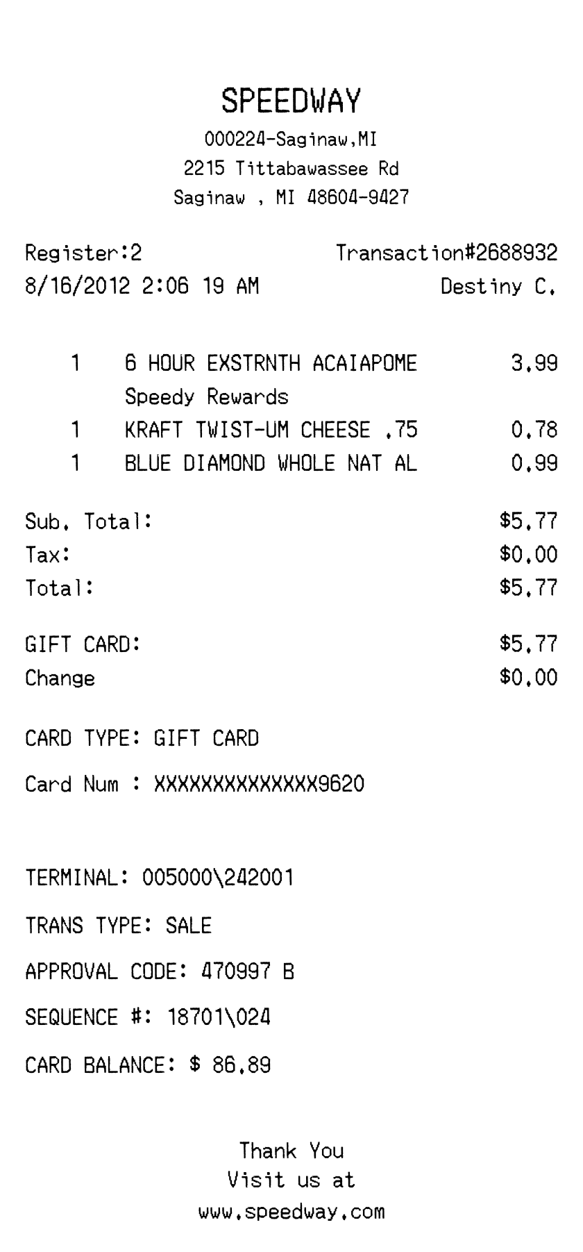 Editable Speedway Receipt template preview, free receipt generator