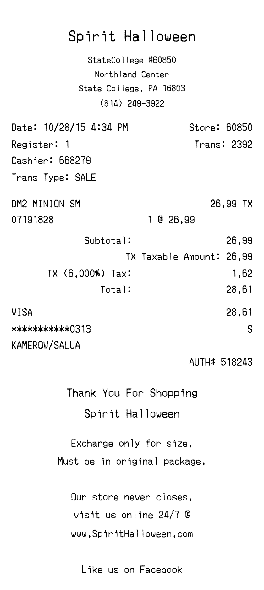 Editable Spirit Halloween Receipt template preview, free receipt generator