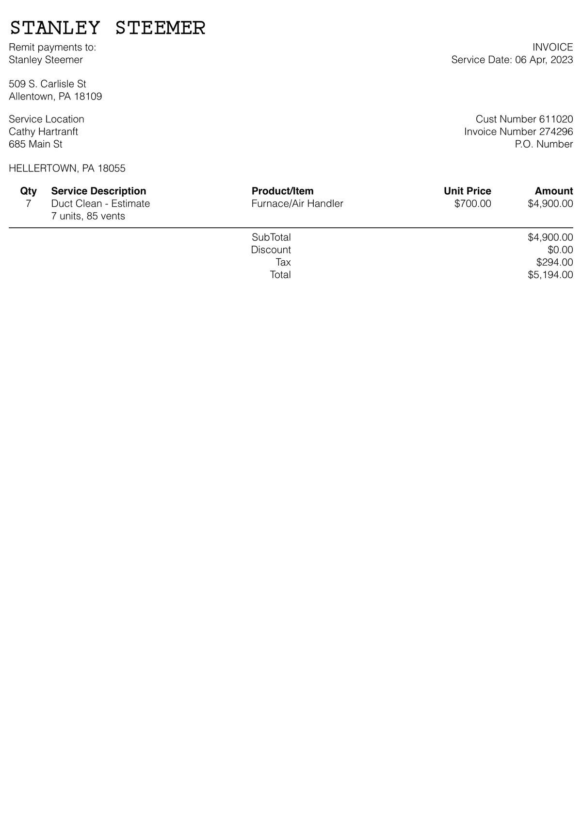 Editable Stanley Steemer Receipt template preview, free receipt generator
