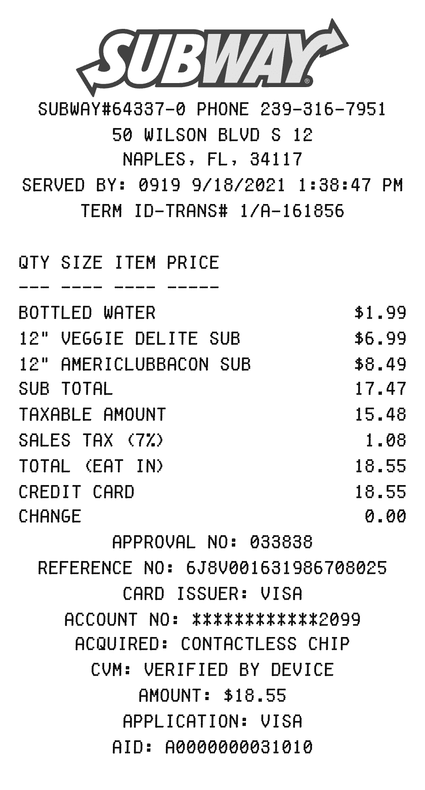 Editable Subway Receipt template preview, free receipt generator