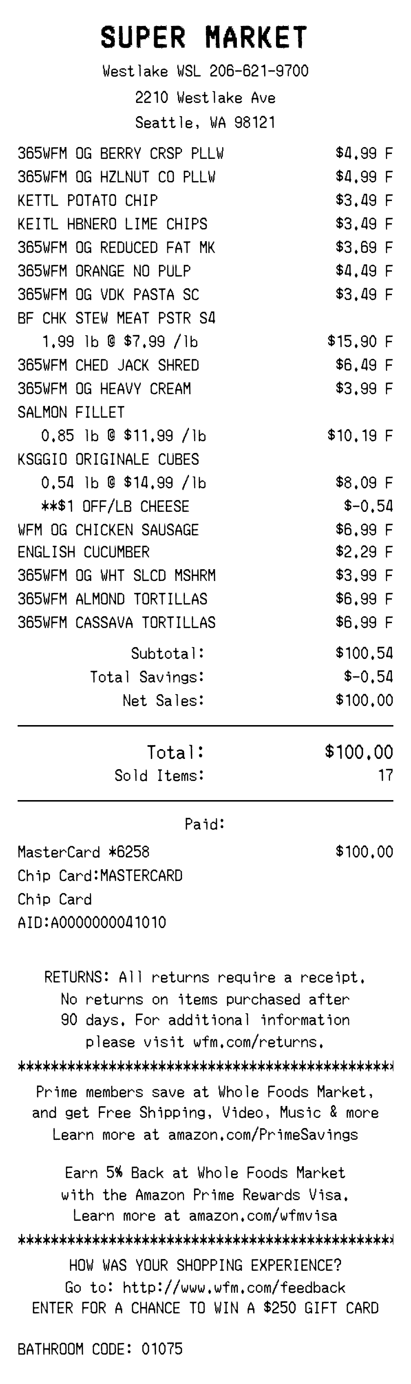 Editable Super Market Receipt template preview, free receipt generator
