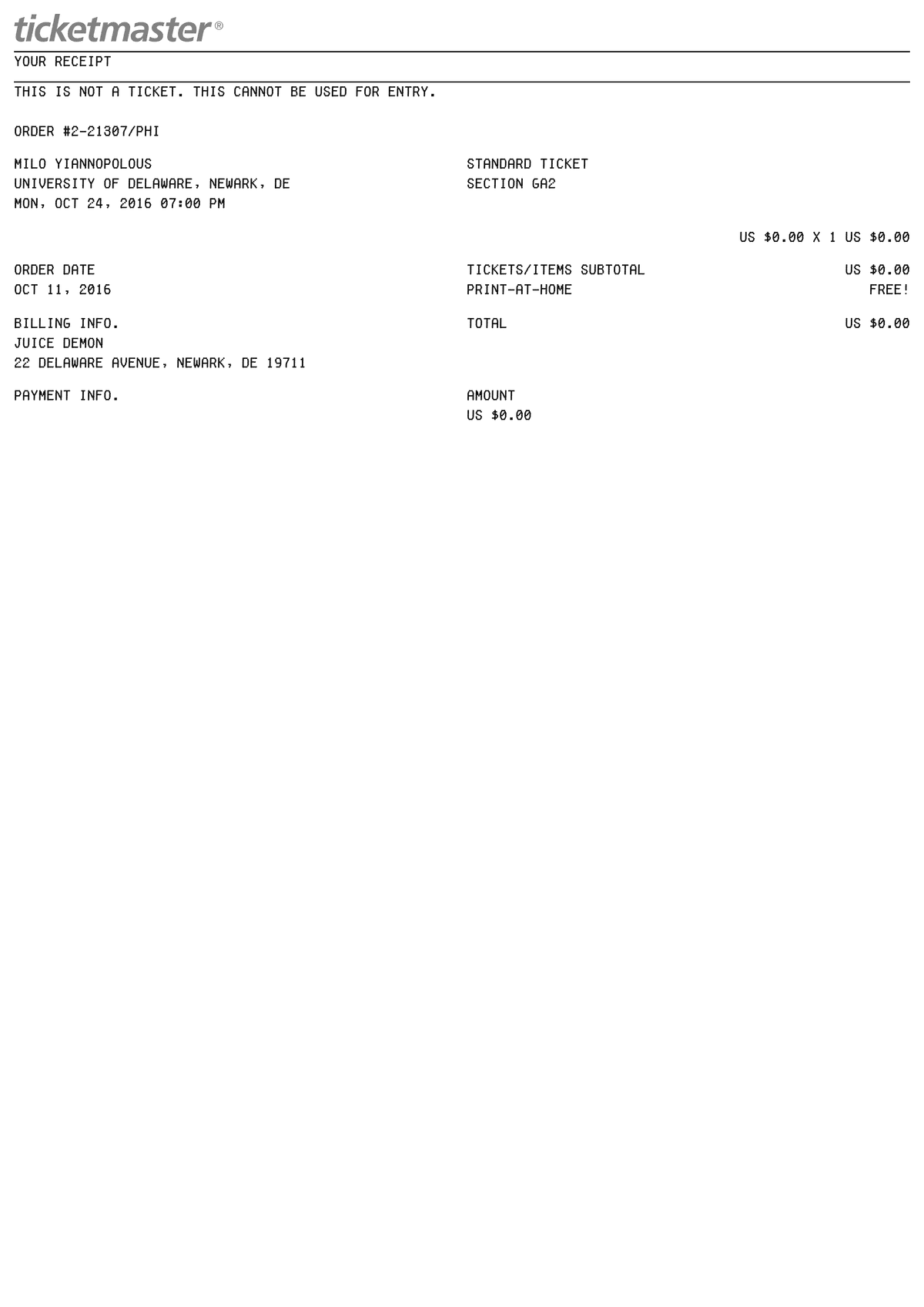 Editable Ticketmaster Receipt template preview, free receipt generator
