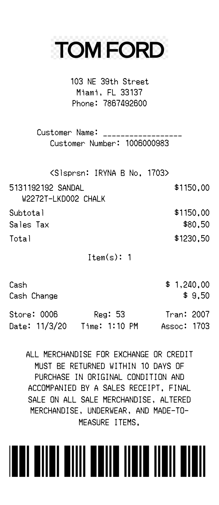 Editable Tom Ford Receipt template preview, free receipt generator