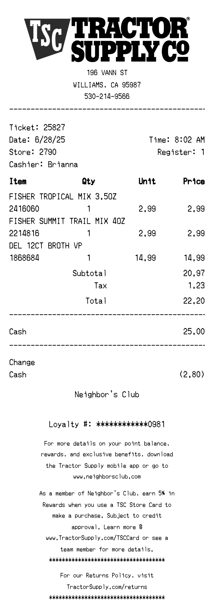 Editable Tractor Supply Co Receipt template preview, free receipt generator