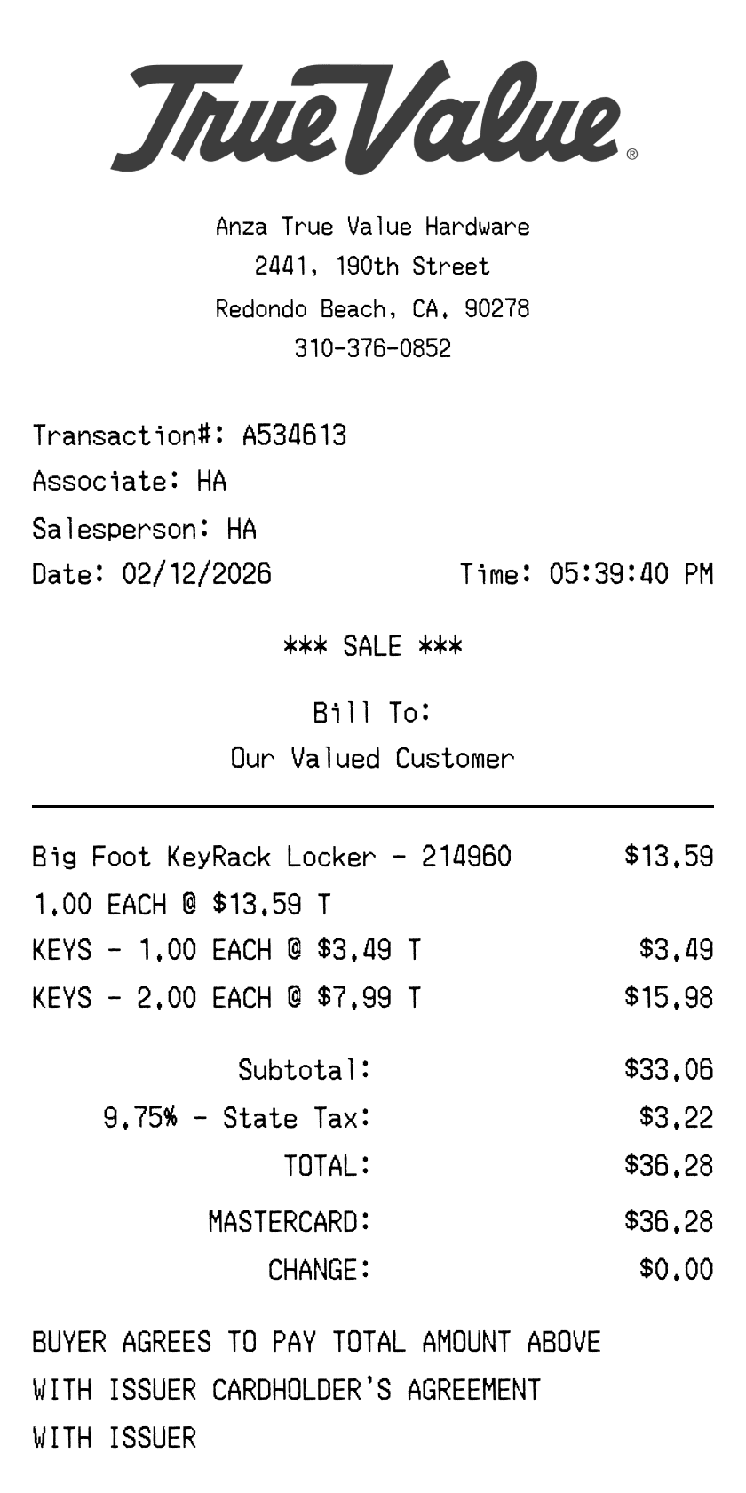 Editable True Value Receipt template preview, free receipt generator