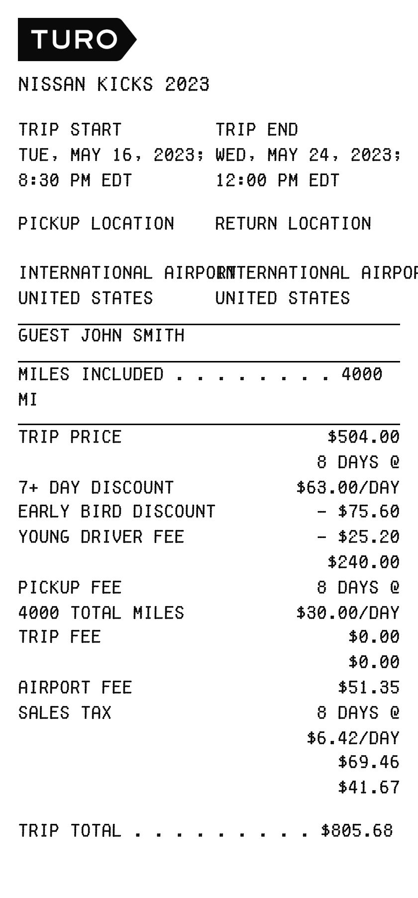Editable Turo Rental Receipt template preview, free receipt generator