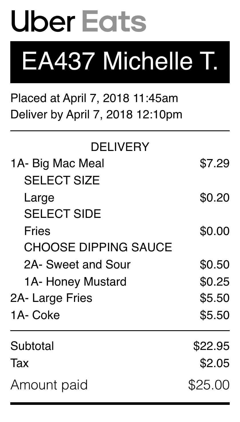 AI-generated Uber Eats delivery receipt