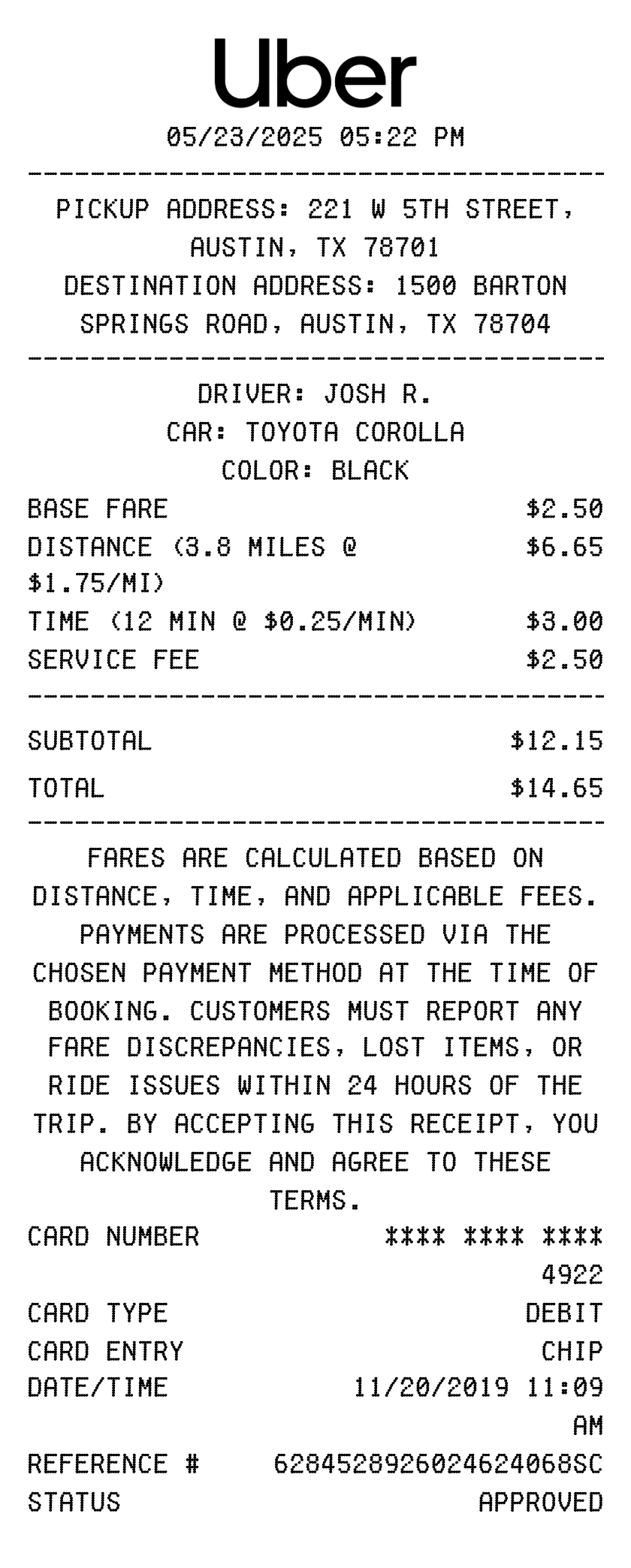 Editable Uber Receipt template preview, free receipt generator