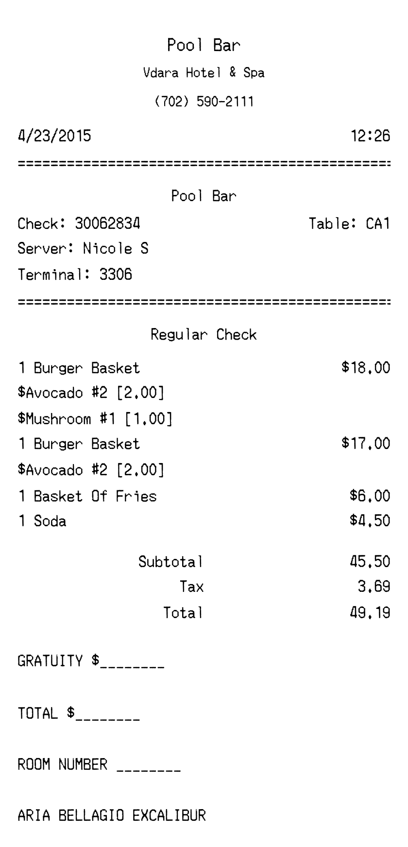 Editable Vdara Hotel Receipt template preview, free receipt generator