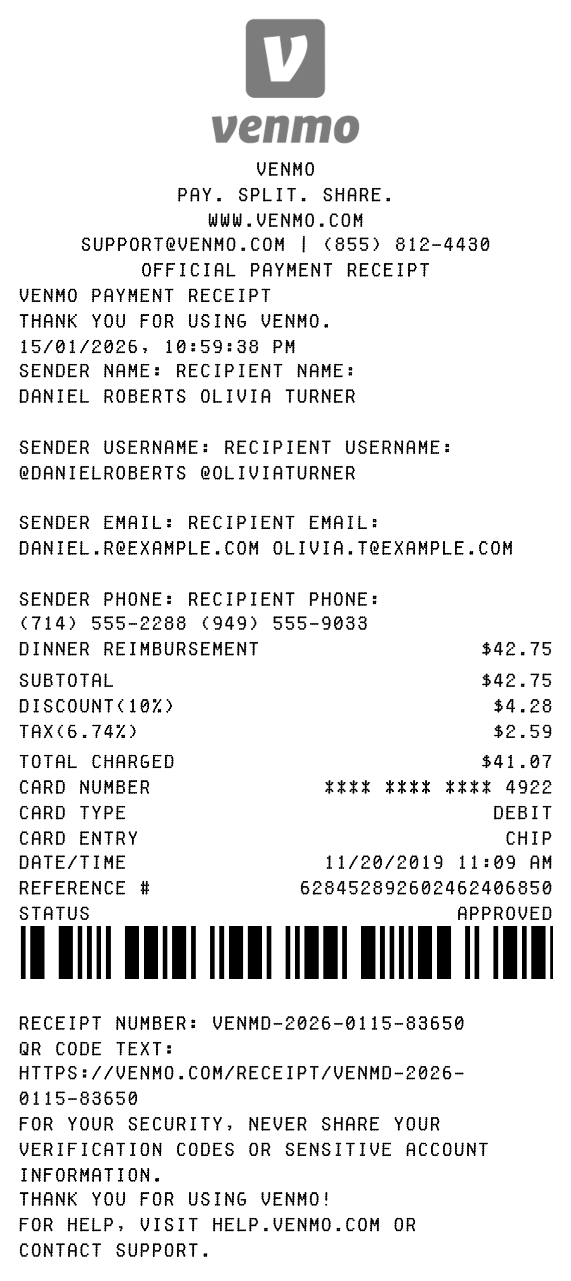 Editable Venmo Receipt template preview, free receipt generator
