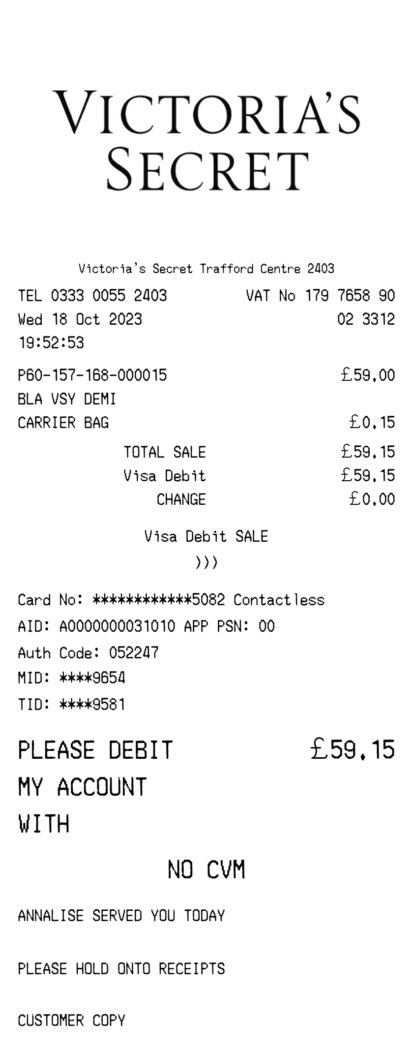 Editable Victoria's Secret Receipt template preview, free receipt generator