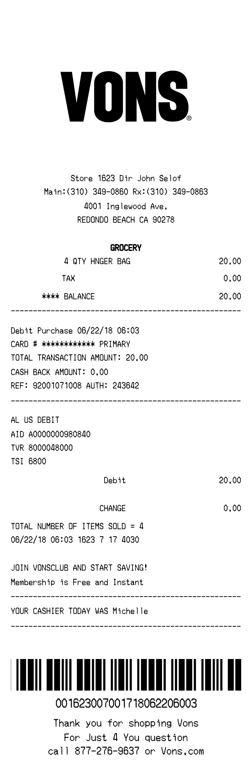 Editable Vons Receipt template preview, free receipt generator