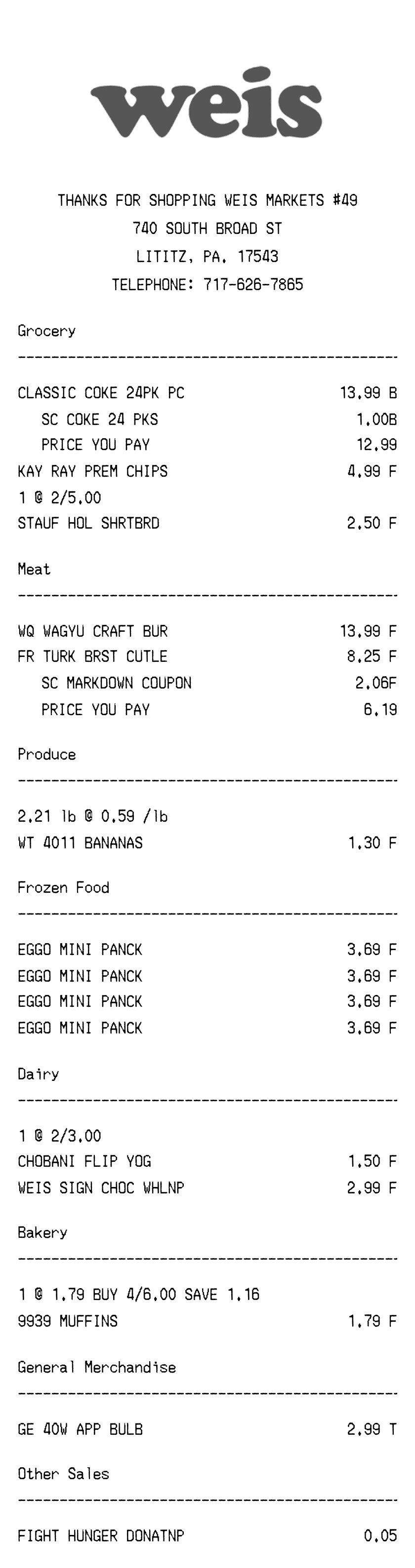 Editable Weis Receipt template preview, free receipt generator