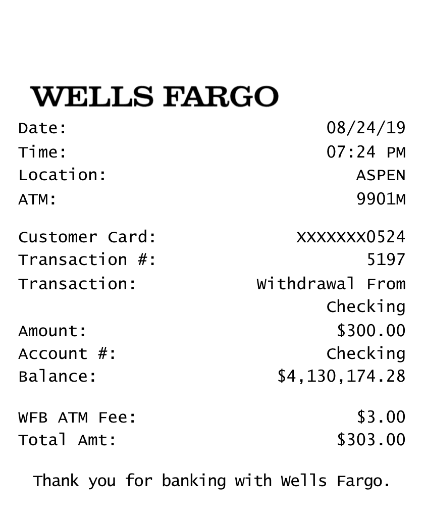 Editable Wells Fargo ATM Receipt template preview, free receipt generator