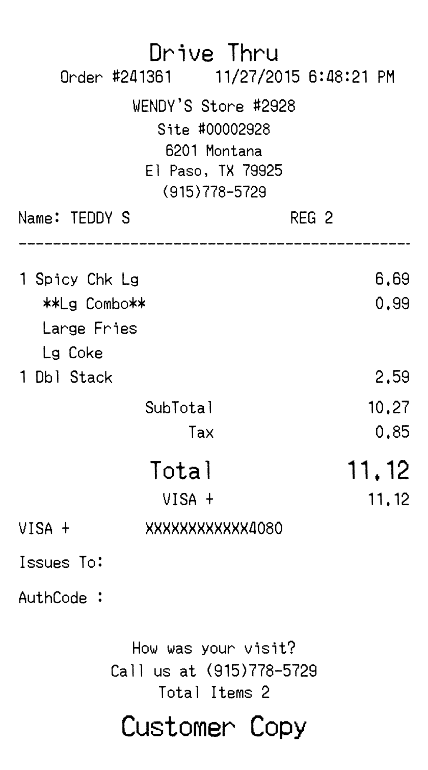 Editable Wendy's Receipt template preview, free receipt generator
