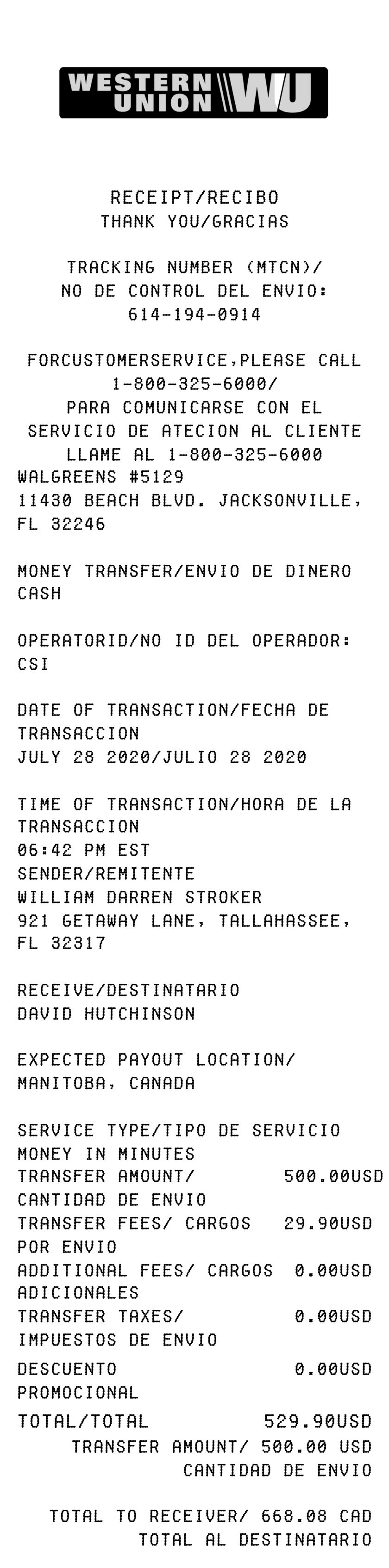 Editable Western Union Receipt template preview, free receipt generator
