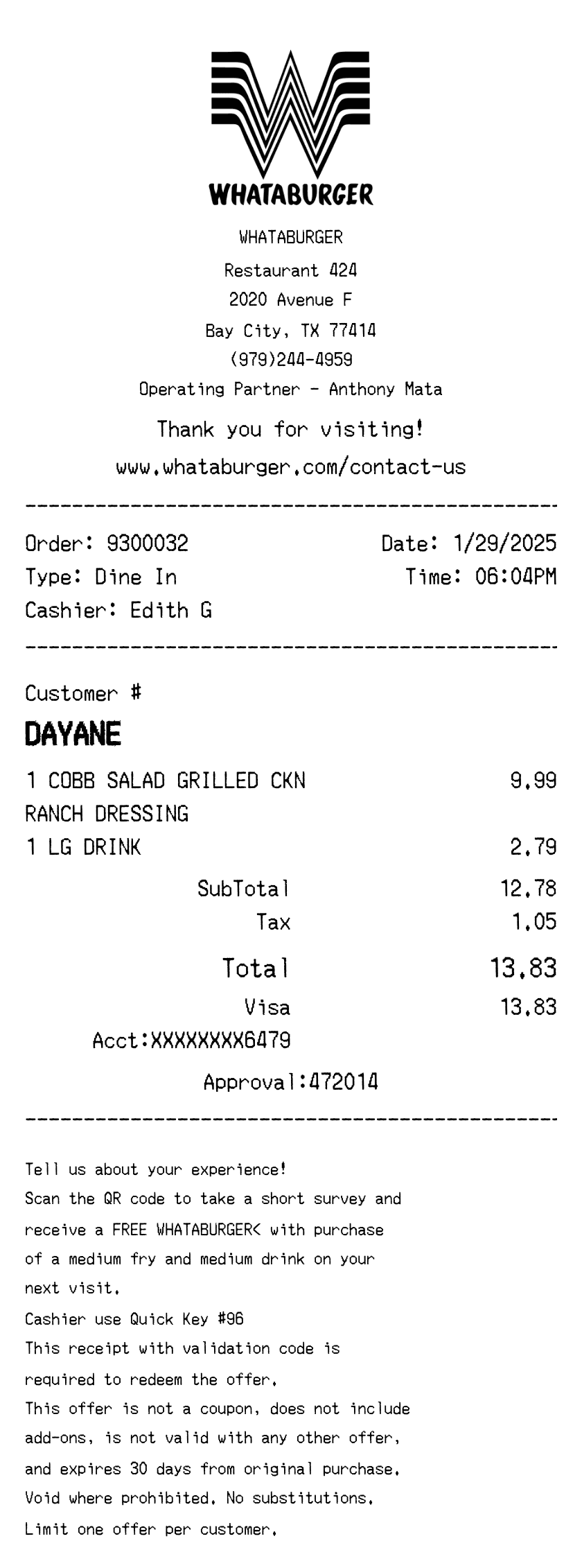 Editable Whataburger Receipt template preview, free receipt generator