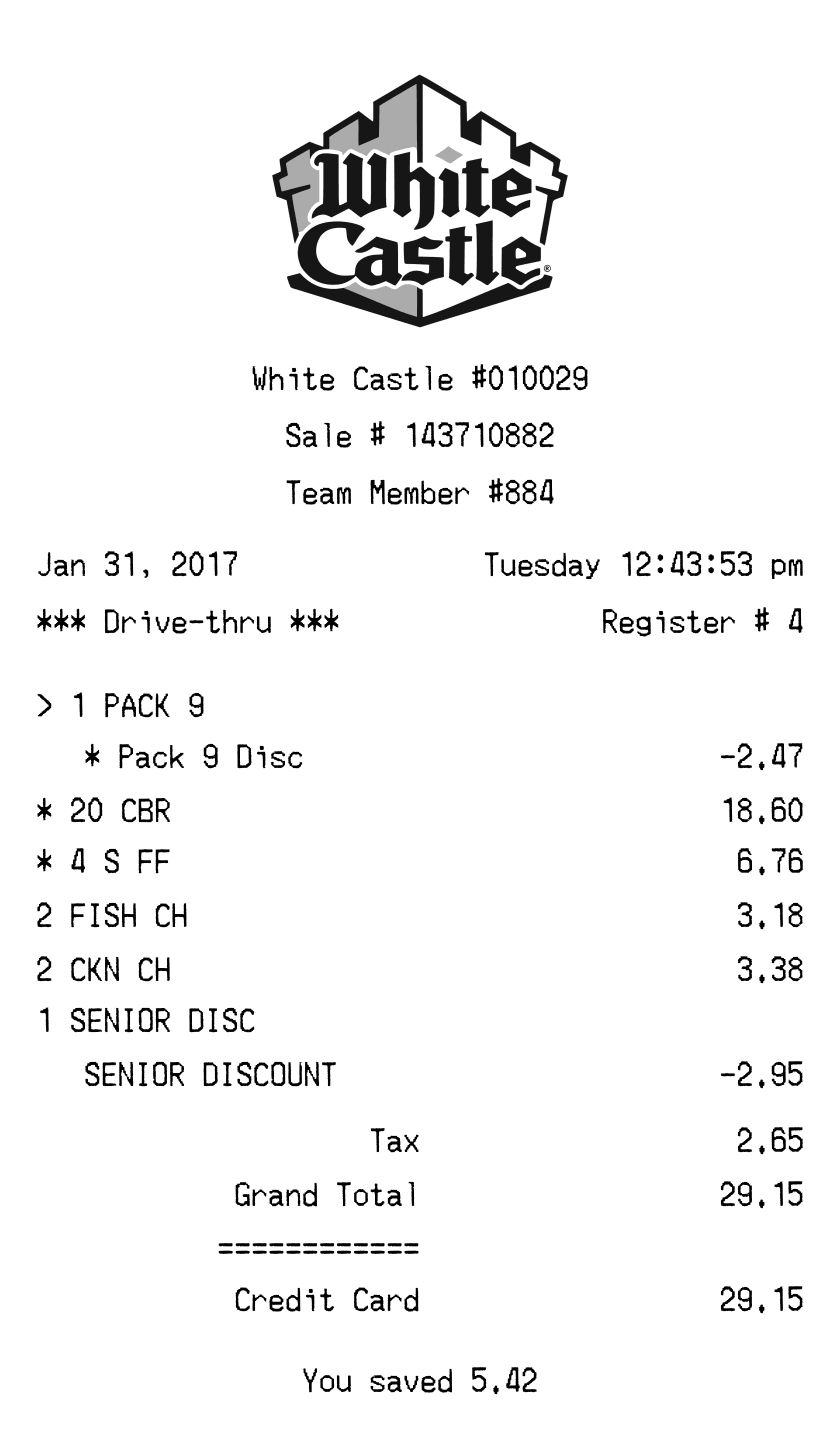Editable White Castle Receipt template preview, free receipt generator