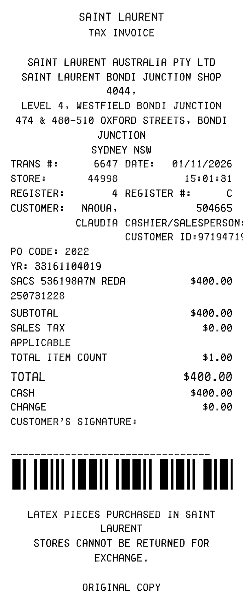 Editable YSL Receipt template preview, free receipt generator