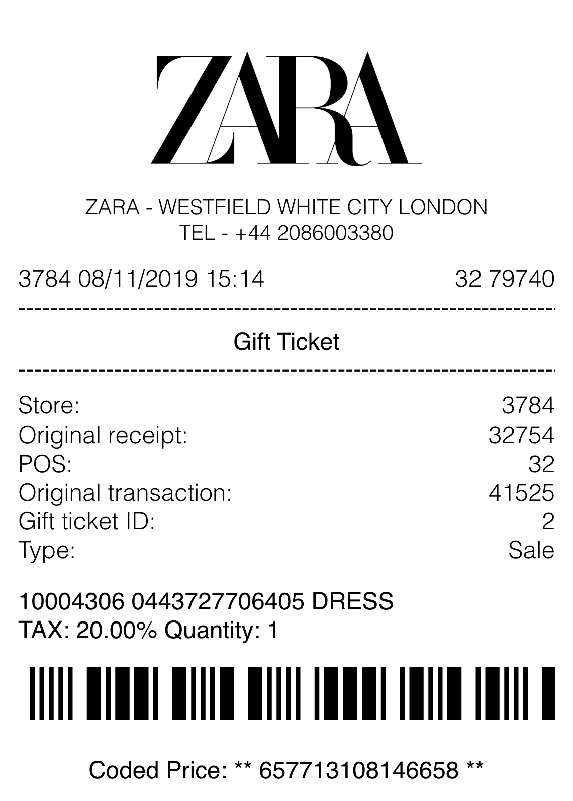 Editable Zara Receipt template preview, free receipt generator