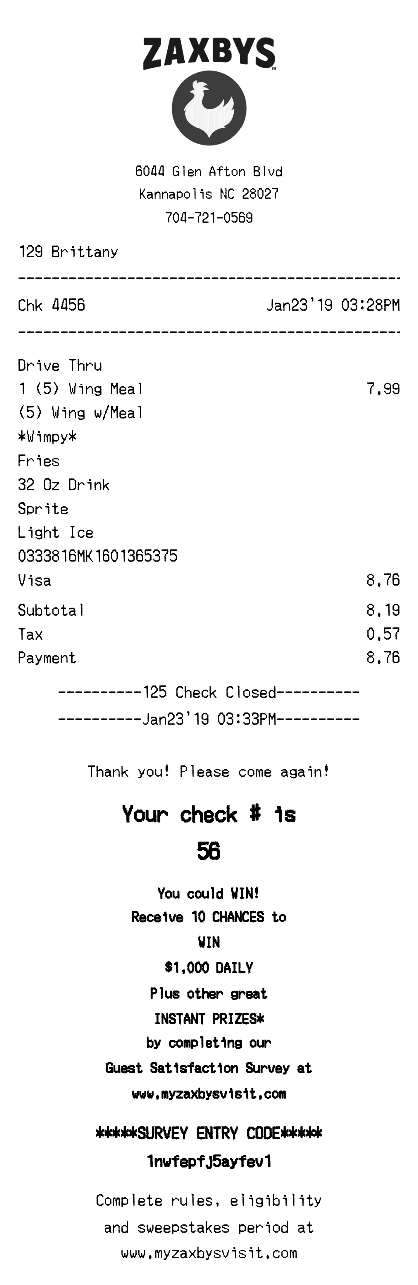 Editable Zaxby's Receipt template preview, free receipt generator